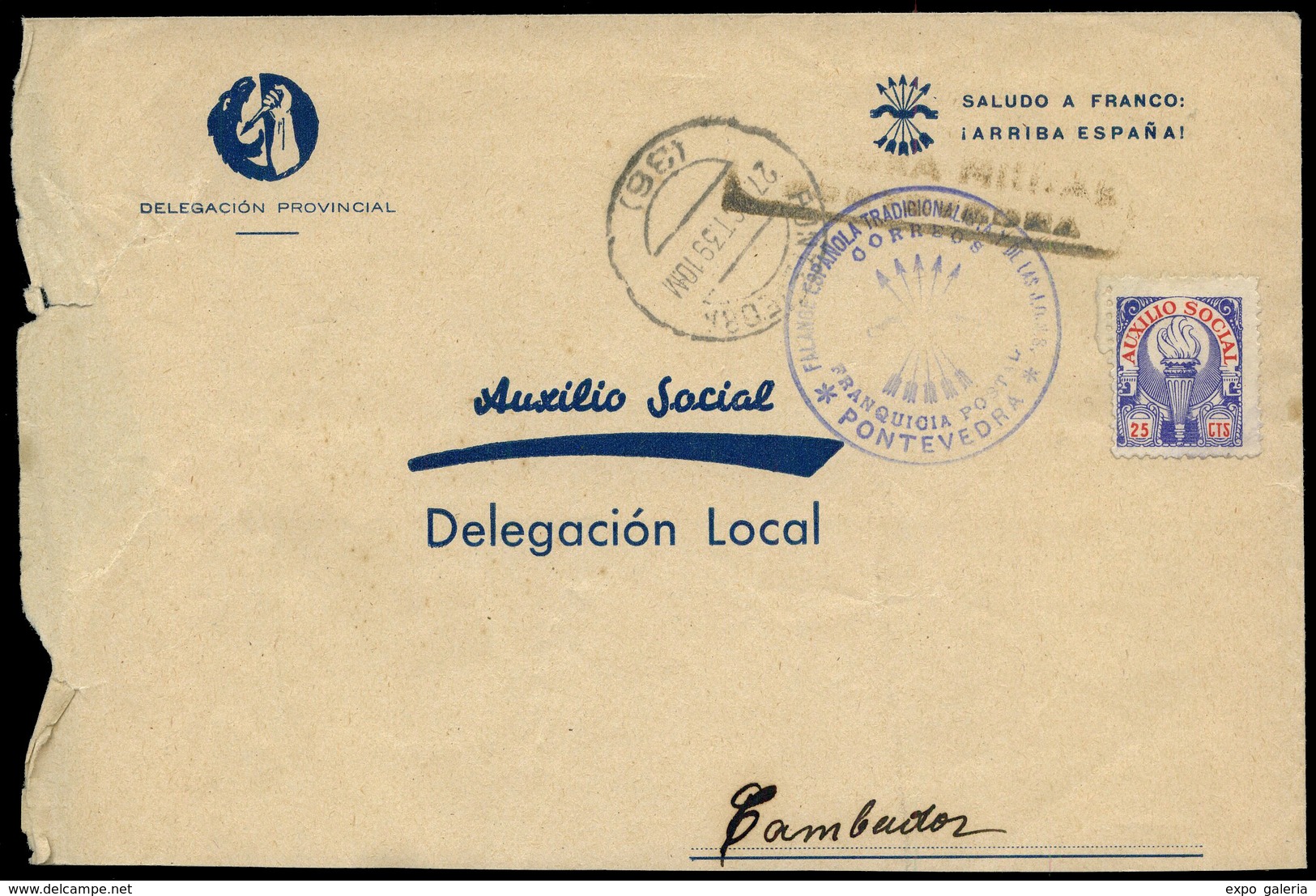 Carta Cda Con Sello De “Auxilio Social” 25Cts. Y Franquicia “Falange.Correos. Pontevedra 27/Oct/39” A Cambados - Briefe U. Dokumente