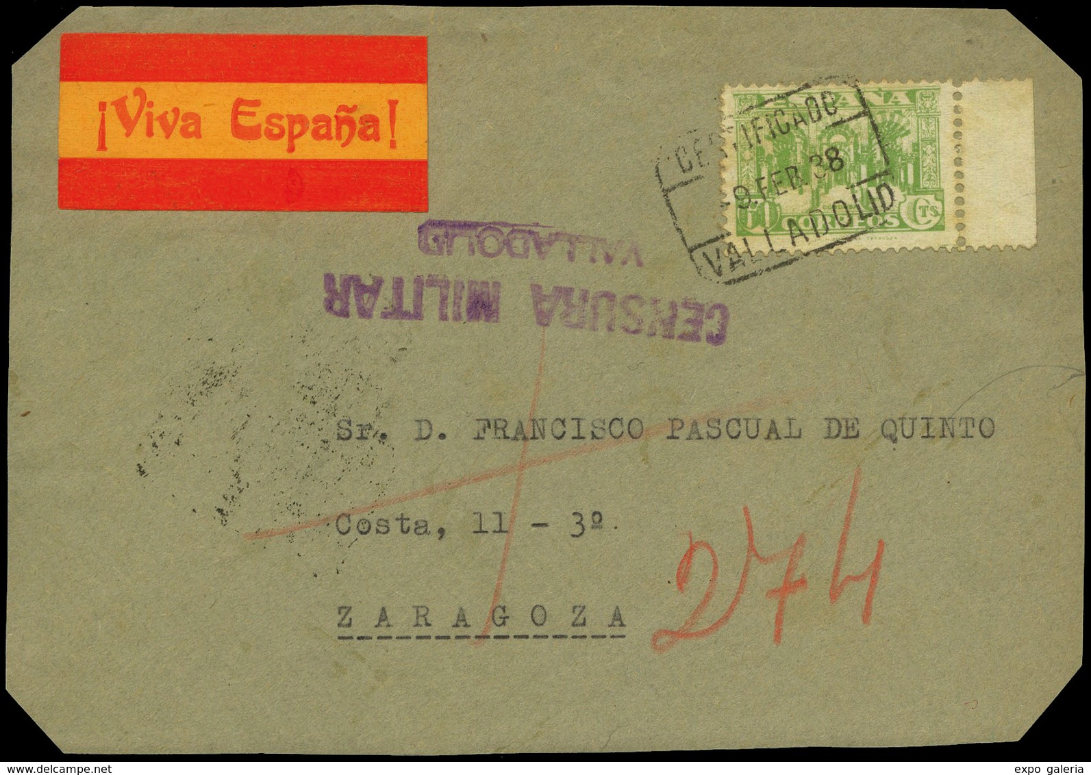 Ed. 810 - Frontal “Certificado 9/Feb/38. Valladolid” Con C.Militar A Zaragoza - Briefe U. Dokumente