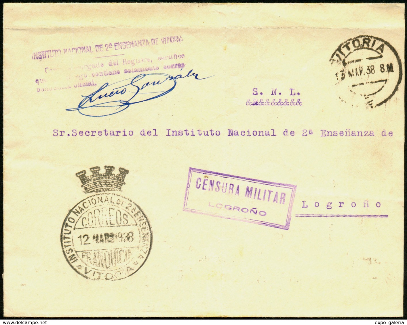 Carta Cda A Logroño Con Fcia. “Instituto Nacional De 2ª Enseñanza De Vitoria 12/3/38” + C.M. Logroño. Lujo. - Briefe U. Dokumente