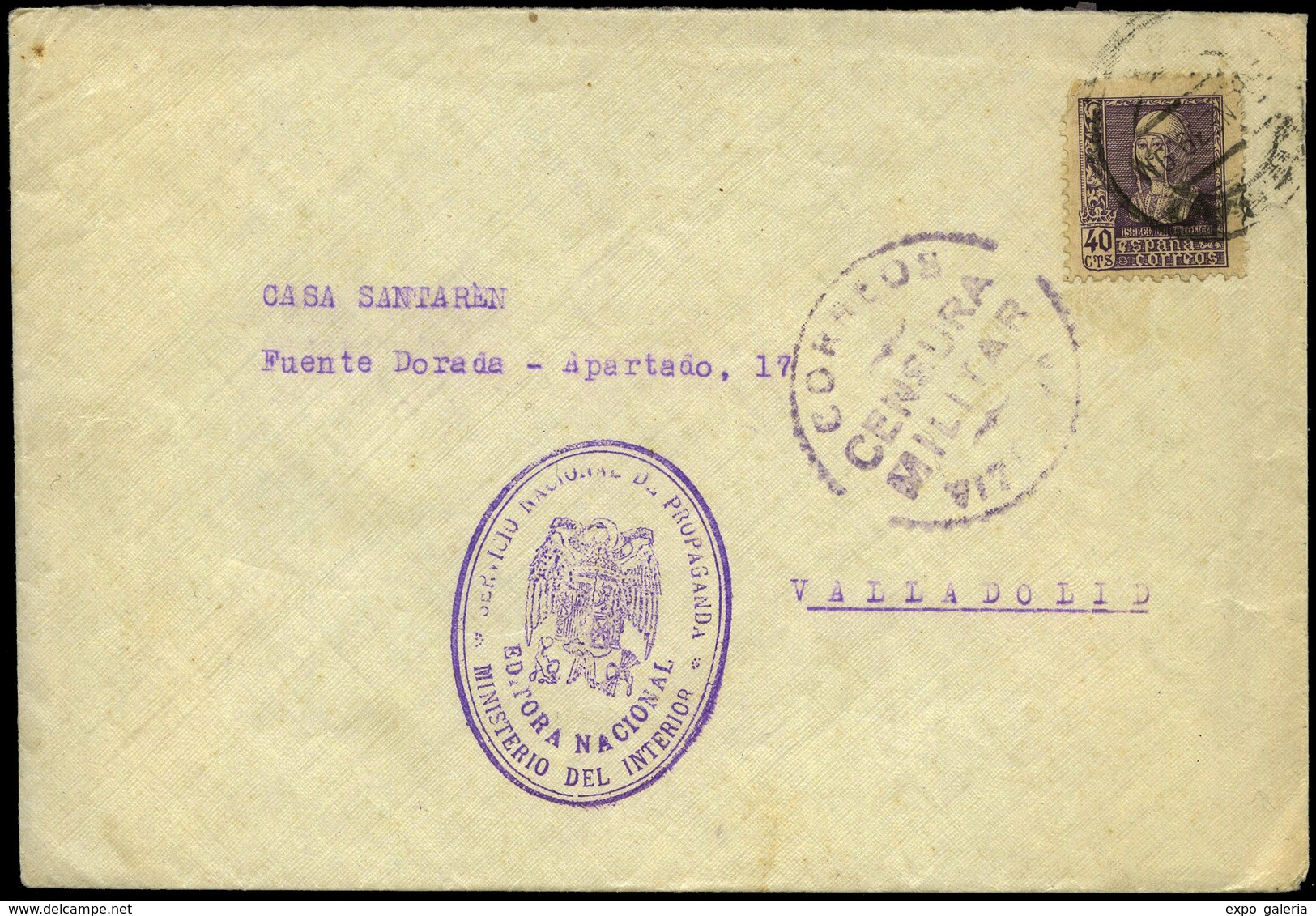 Ed. 858 - Carta Cda 12/En/39 De Bilbao A Valladolid + C.M. Y Rara Marca “Servicio Nacional De Propaganda… - Briefe U. Dokumente
