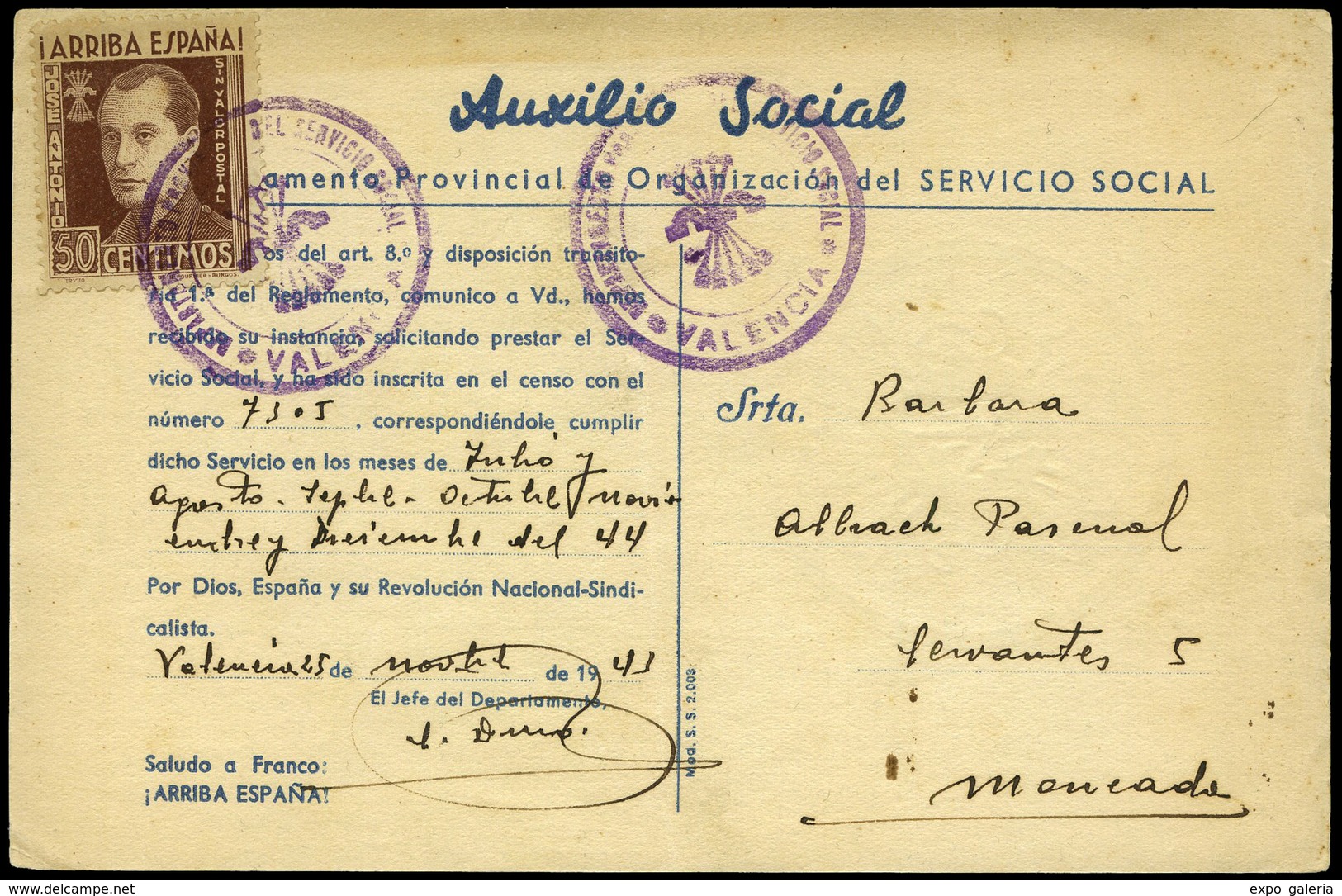 T.P. Con Sello “Jose Antonio 50Cts.” Tarjeta De “Auxilio Social 25/11/43” Y Cda Con Franquicia “Departamento…" - Lettres & Documents