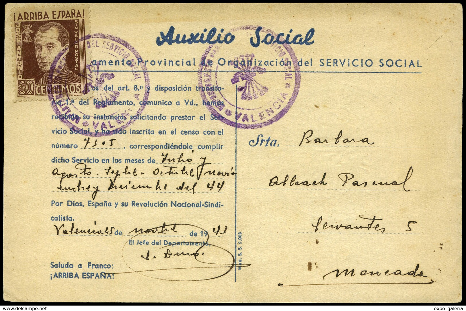 T.P. Con Sello “Jose Antonio 50Cts.” Tarjeta De “Auxilio Social 25/11/43” Y Cda Con Franquicia “Departamento…" - Covers & Documents