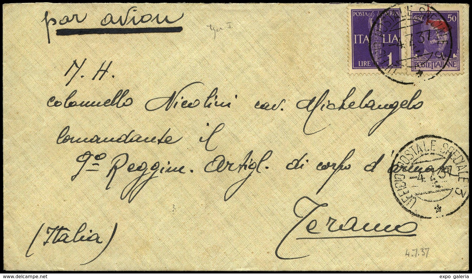 1937. “Ufficio Postale Speciale 3. 04/07/37” A Italia. En Reverso “Silen… Poppi.../Morto Il 6 Aprile 1938-XVI/nel…" - Briefe U. Dokumente