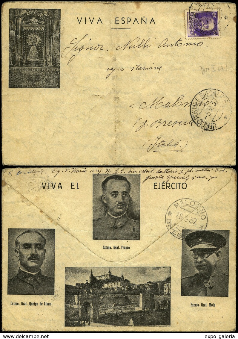 1937. Fechador “UPS 3 06/09/37” A Malonno. El Reverso “Volont..Littorio (Divisón Volontari. Del Littorio.Posta…" - Covers & Documents
