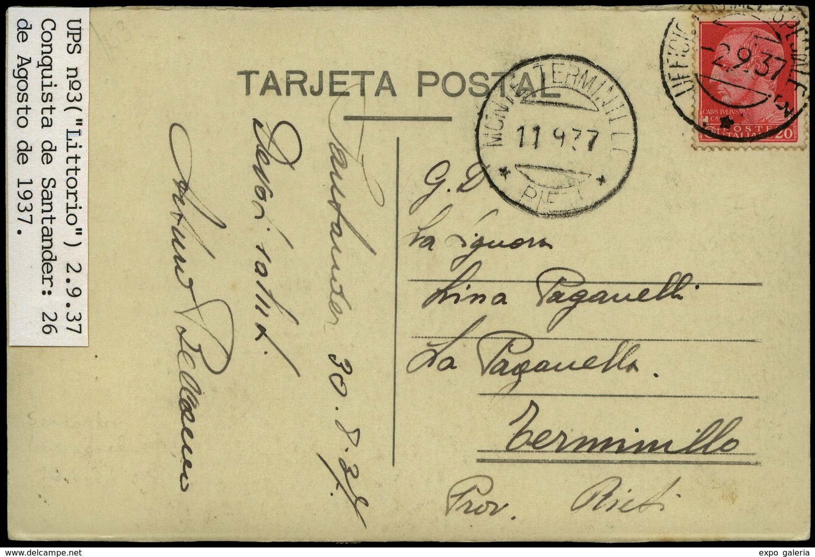 T.P. 1937. Tarjeta Postal (Ayuntamiento De Santander) Cda El 30/08/37 Desde Santander A Terminillo… - Lettres & Documents