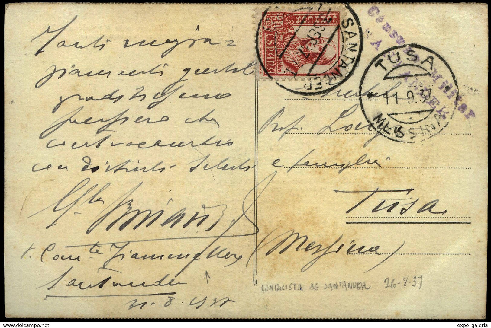 Ed. T.P. 823 - 1937. Cda De Santander 03/09/37 A Tusa, Enviada Por Un Comandante De “Fiamme Nere” A Italia… - Lettres & Documents