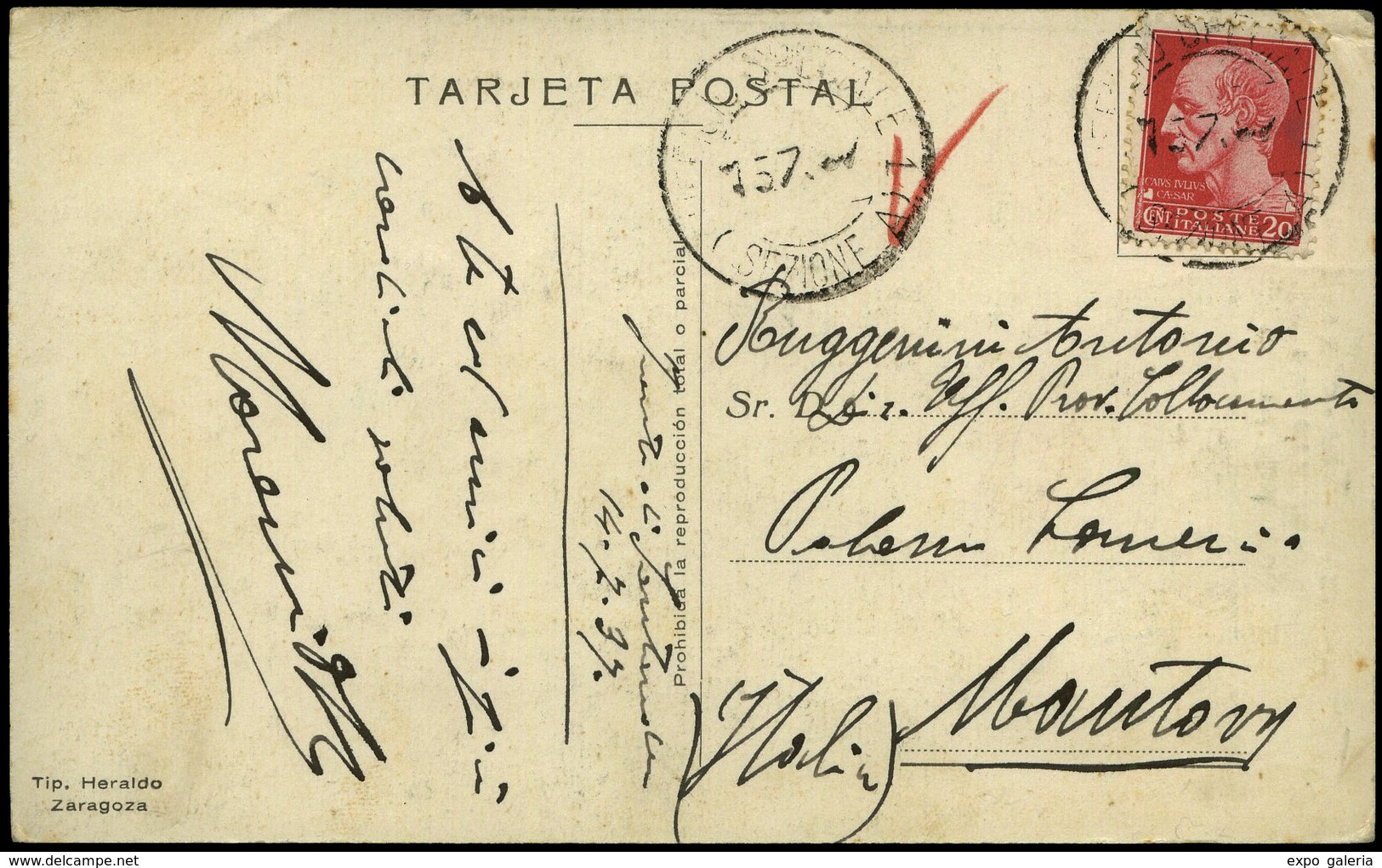 T.P. 1937. Tarjeta Patriótica (General Moscardó) Cda Desde El Frente De Santander 14/07/ 37 A Italia - Lettres & Documents