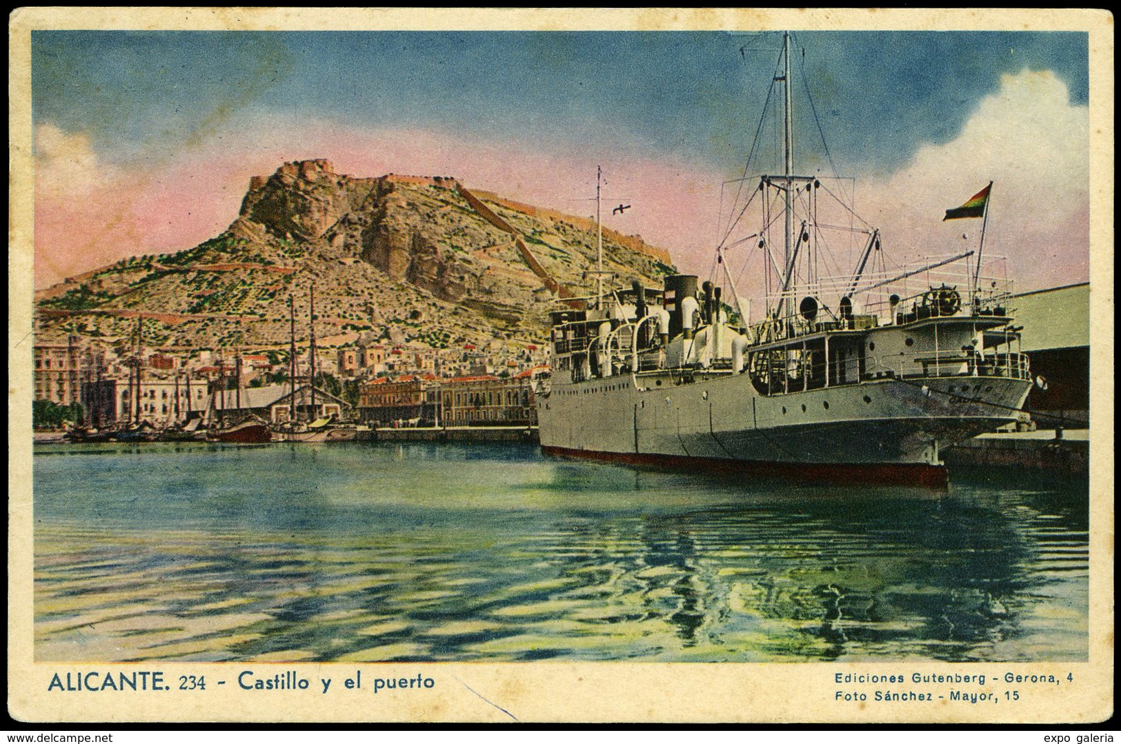 T.P. 1939. Preciosa Tarjeta (Alicante-Barco Y Puerto) Cda Con Mat. “UPS-4- 30/IV/39” A Roma. Fin De La Guerra - Briefe U. Dokumente