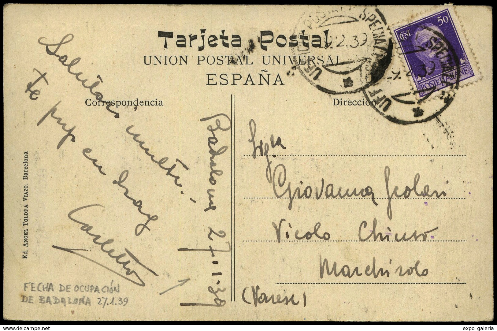 T.P. 1939. 09/02/39. Fechador “UPS-3” A Marchisolo. Tarjeta Fechada El Día De La Ocupación De Badalona… - Briefe U. Dokumente