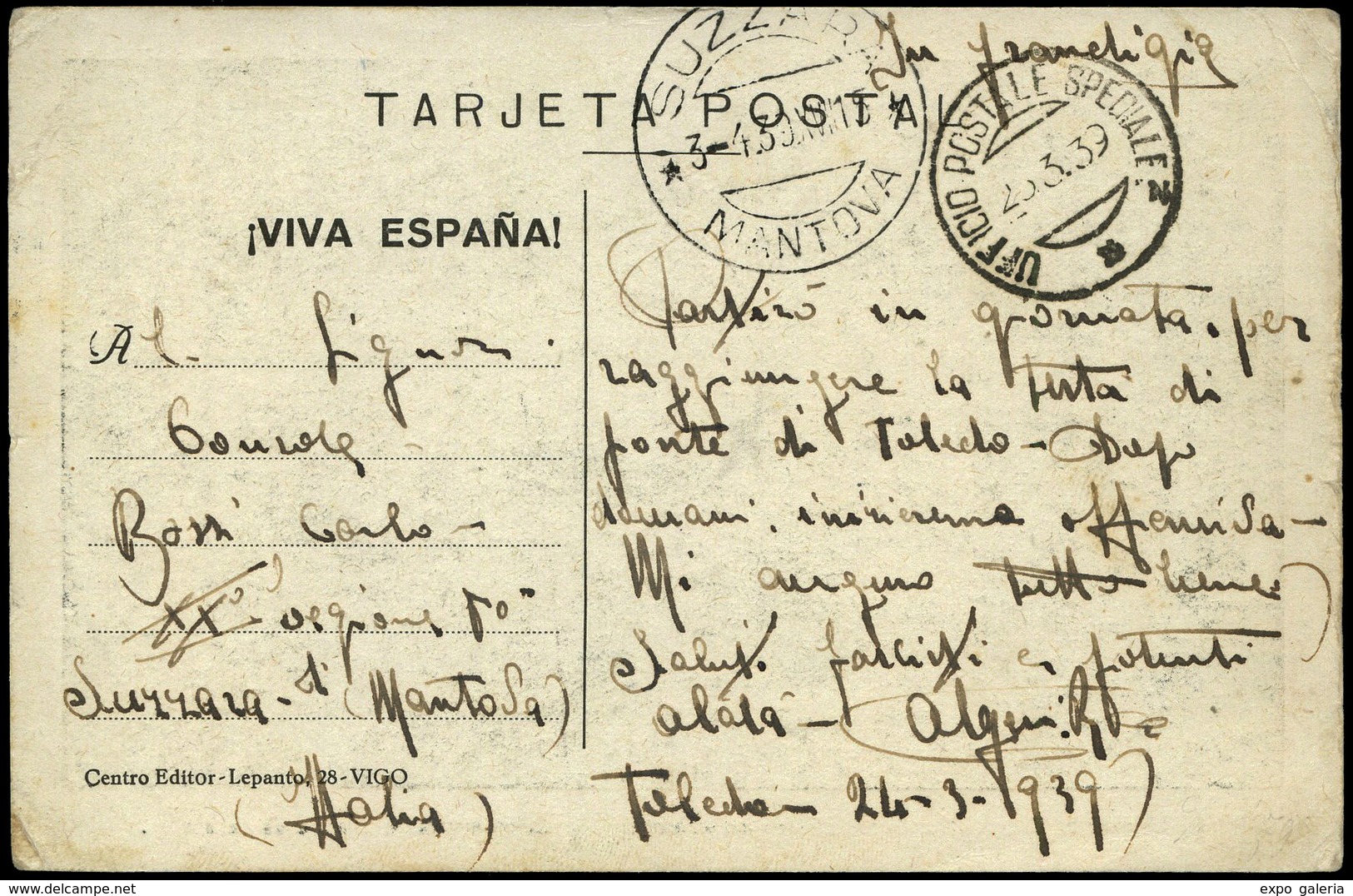 T.P. 1939. Carta Fechada En Toledo 24/03/39 Y Fechador “UPS” A Italia, En Estas Fechas Hubo Una Concentración… - Briefe U. Dokumente