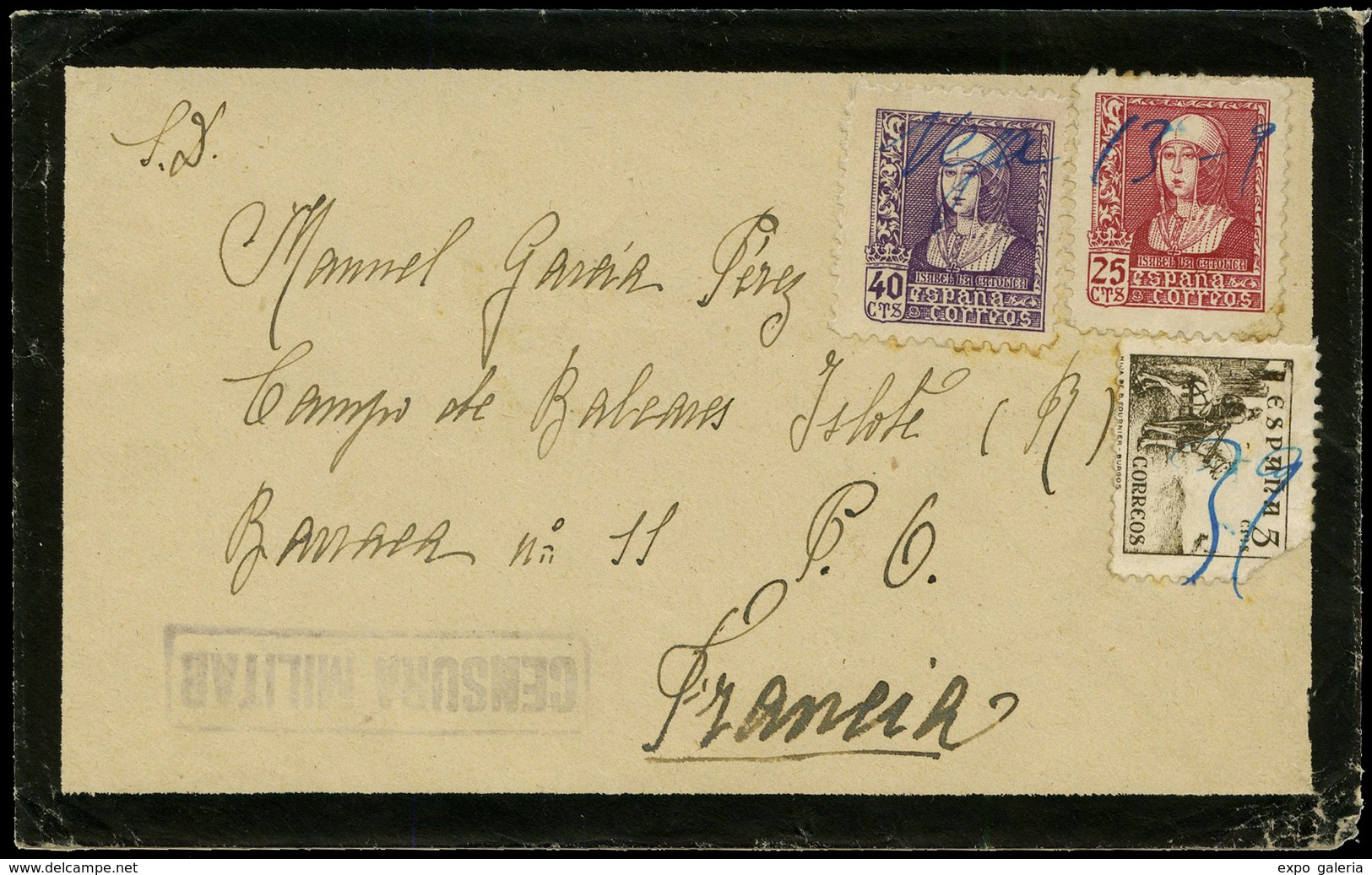 1939. Carta Desde España, Fechador Manuscrito “Vega 13-9-39” + C. Militar Cda Al “Campo De Le Barcares” - Lettres & Documents