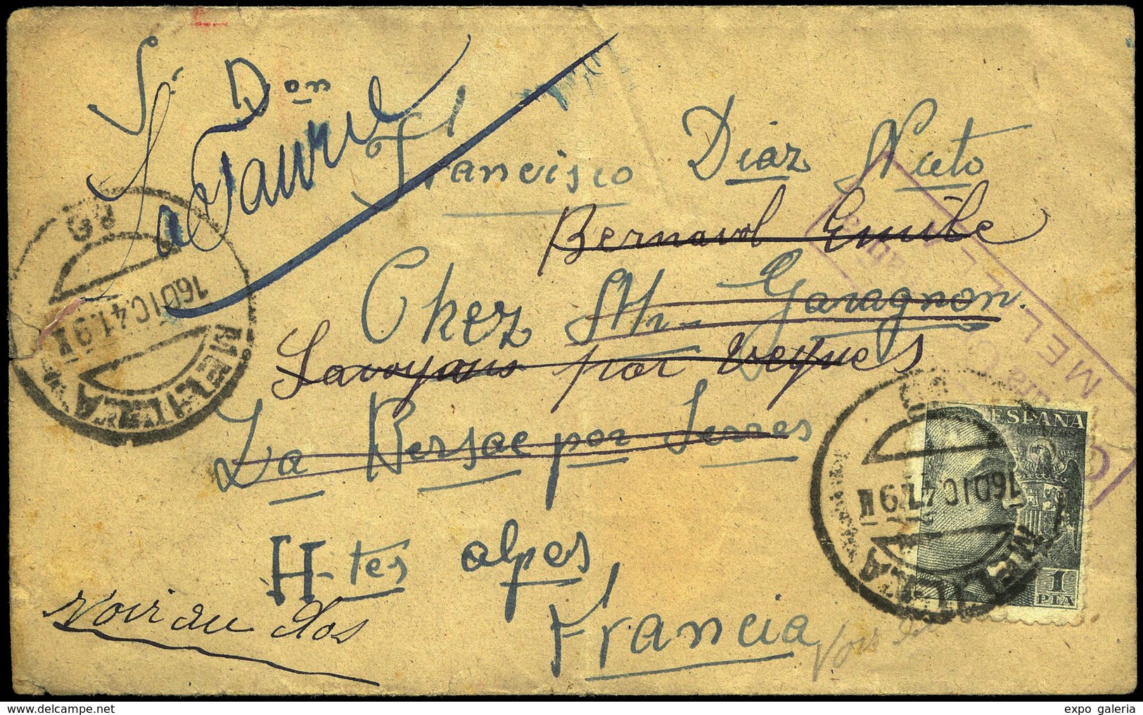 1941. Carta Cda De “Melilla 16/12/41” A Francia Y Reexpedida 2 Veces, La 3ª Hay Un Texto “Entre A Camp D’espagnols…" - Covers & Documents