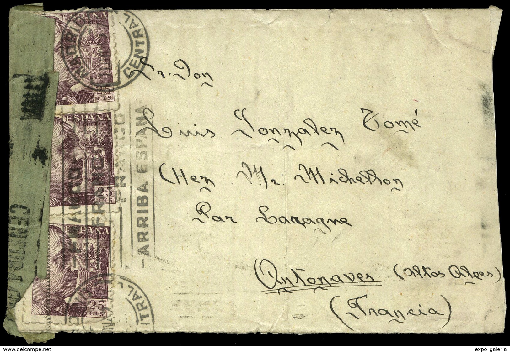 1941. Carta Cda De Madrid A Ontonaves (Francia), A La Llegada Fechador Del Campo “Argeles Sur Mer” Interesante. - Lettres & Documents