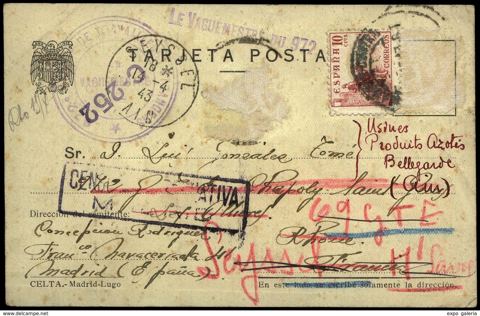 T.P. 1943. Tarjeta De Madrid A Campos De Trabajo En Francia Y Reexpedida Varias Veces. Diversas Marcas De Control… - Covers & Documents
