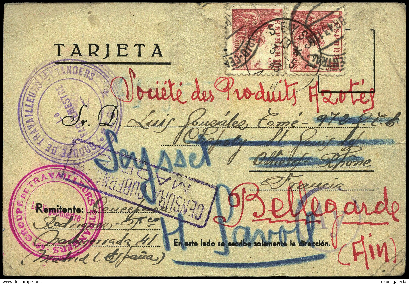 T.P. 1943. Rarísima Tarjeta Cda De Madrid 16/4/43 A Ollieres Y Reexpedida A Bellegarde. Diversas Marcas De Los Campos… - Lettres & Documents