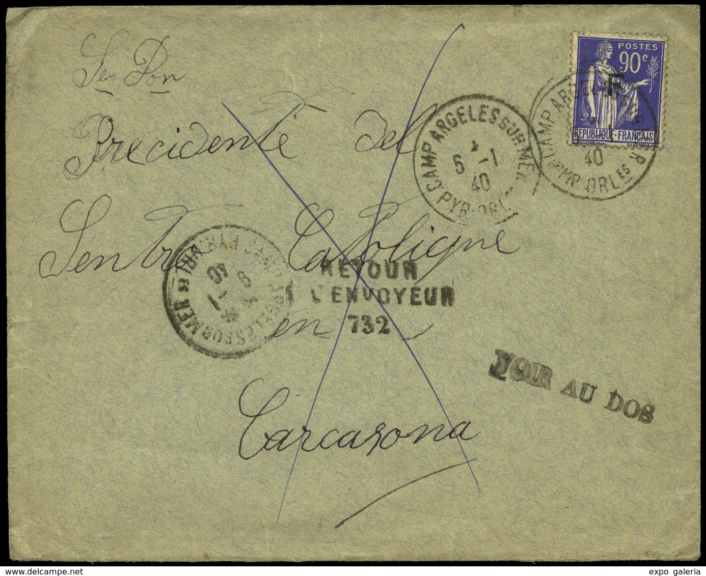 1940. “Camp Argeles-sur-Mer 05/01/40” Y Cda Al “Presidente Del Centro Católico De Carcasona” Y Devuelta… - Covers & Documents