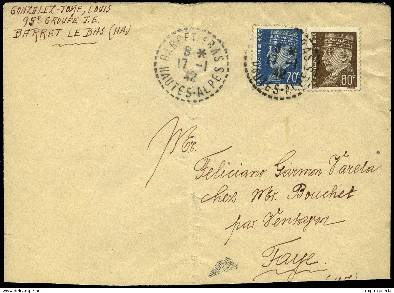 1942. Carta Cda Desde El “95 Groupe T.E. En Barret Le Bas” A Ventavon. Lujo - Lettres & Documents