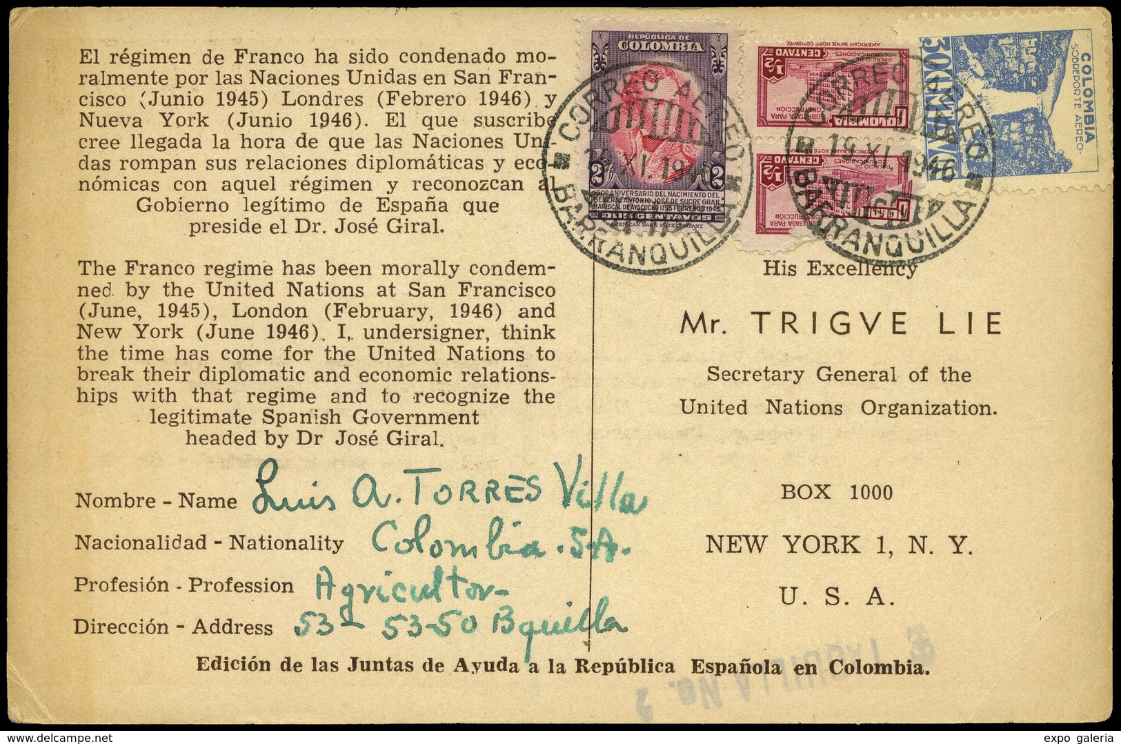 T.P. 1946.Colombia.(Imagen De Franco Y Hitler En Hendaya.Horizontal)”El Regimen De Franco Ha Sido Condenado…" - Lettres & Documents