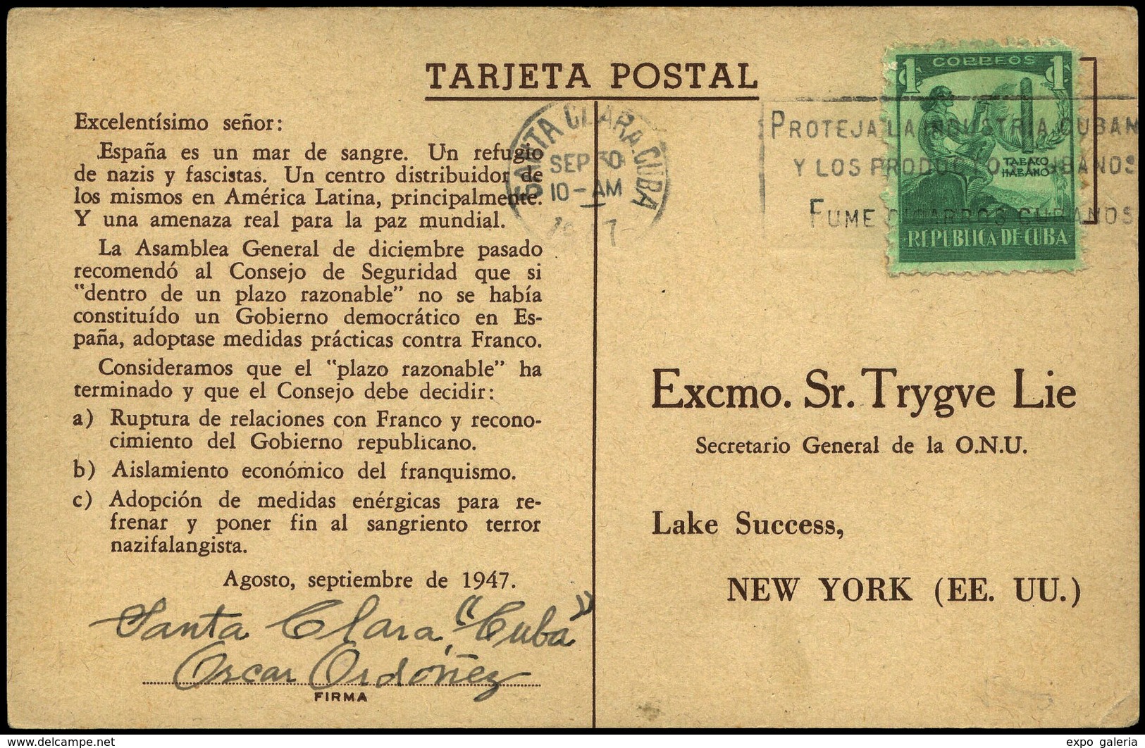 T.P. 1946.Cuba. (Imagen De Franco Y Hitler En Hendaya. Vertical) Cda De Sta. Clara A Nueva York. Rara. - Covers & Documents