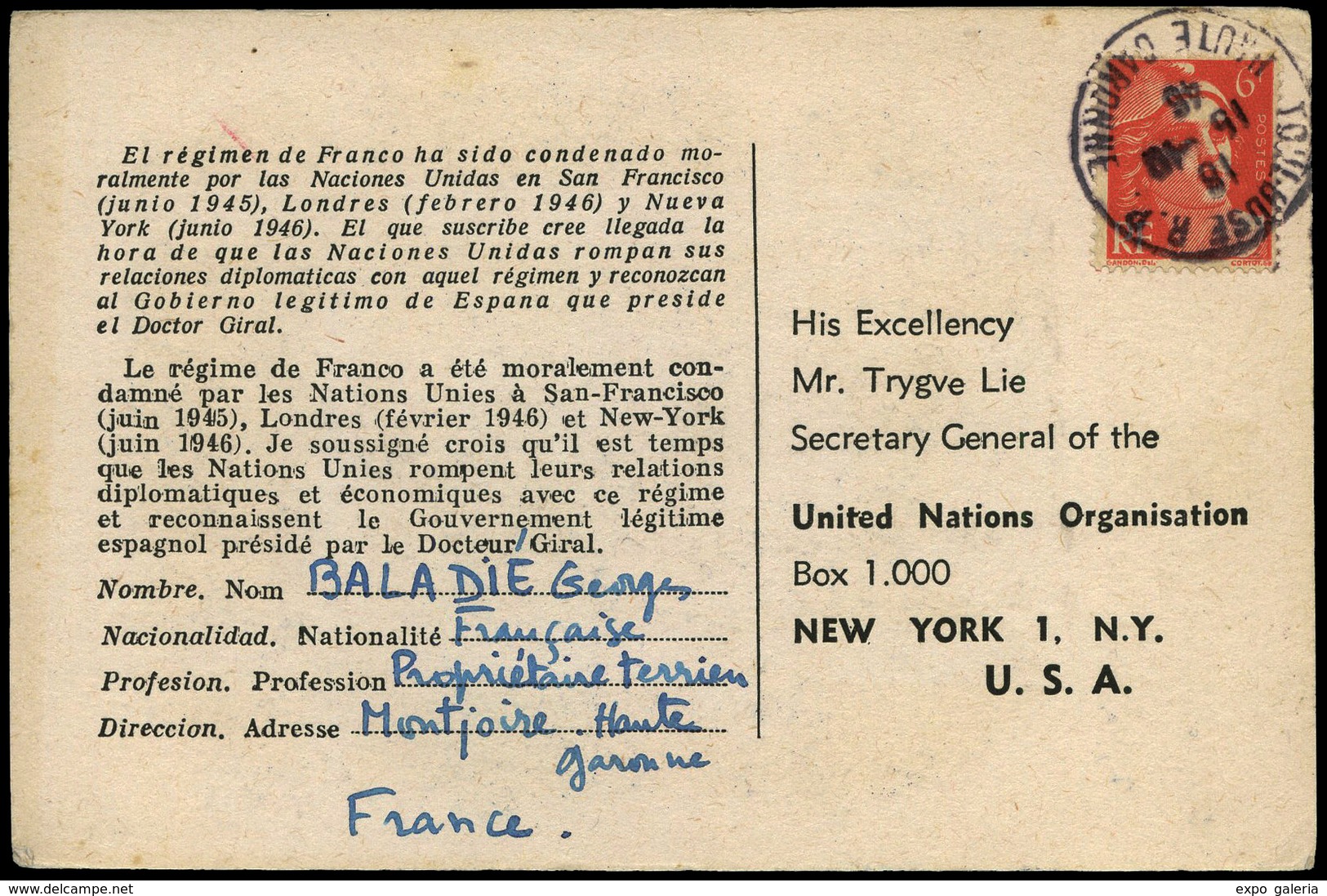 T.P. 1946.Francia. “El Pueblo Español En Espera De La Justicia De Las Democracias” Cda A Nueva York. Escasa. - Briefe U. Dokumente