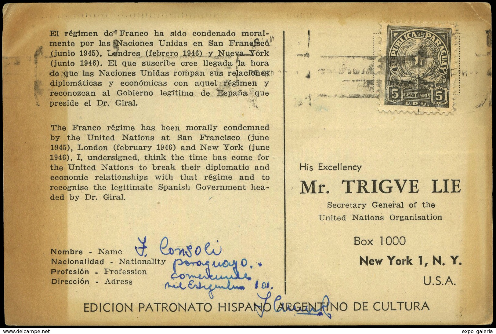 T.P. 1946.Paraguay. “Spain Pyinner Of The Fight Democracy......” Cda De Asunción A USA. Muy Rara. - Brieven En Documenten