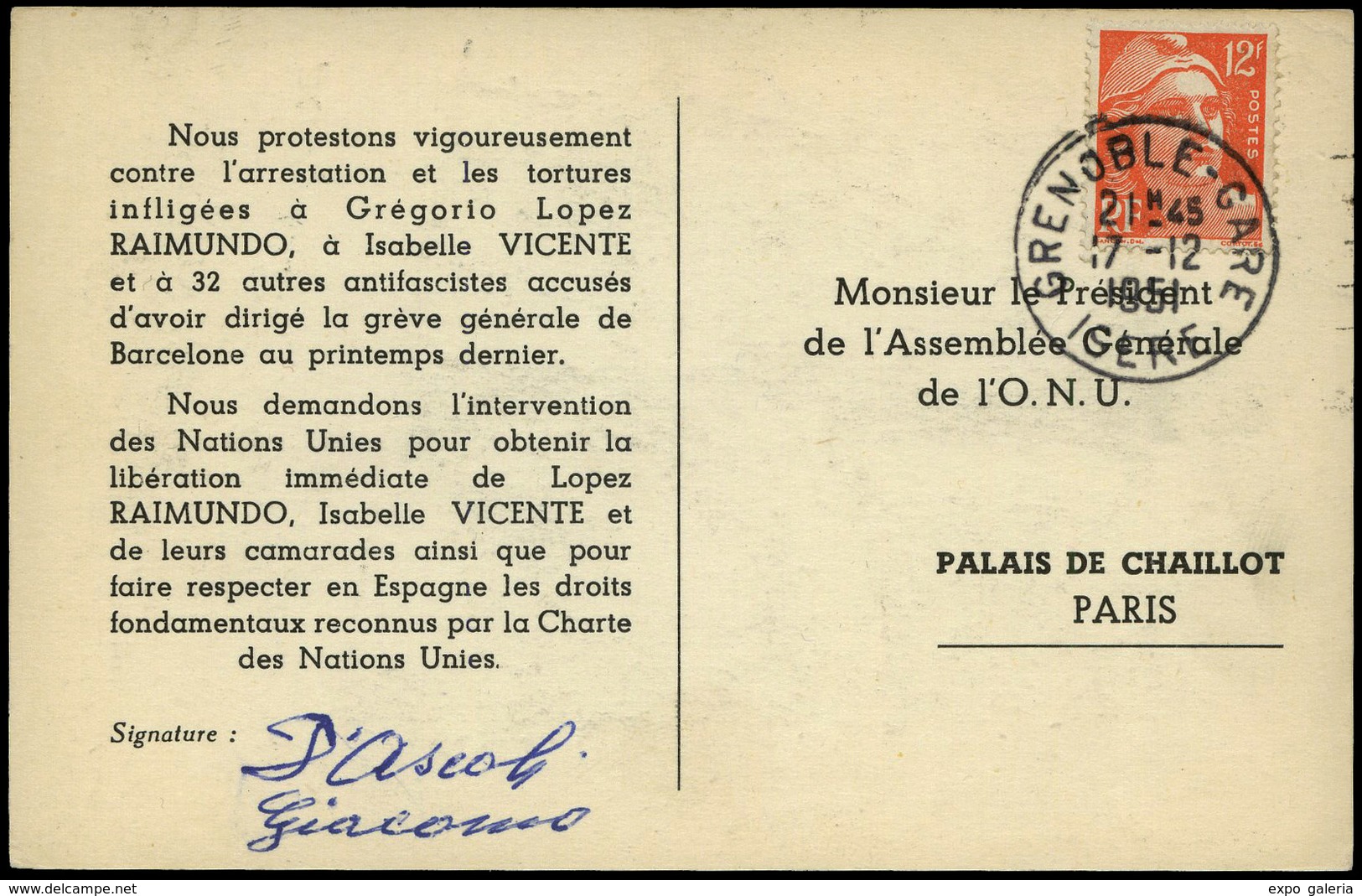 T.P. 1951.Francia. “Liberté Pour Les 34 De Barcelone” Cda A Paris. Rara. - Lettres & Documents