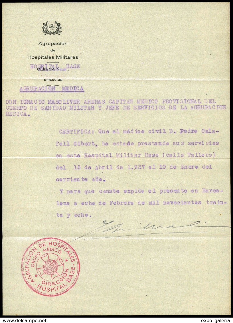 1937. Hoja “Agrupación De Hospitales Militares..” Hoja De Presentación Hospital - Briefe U. Dokumente