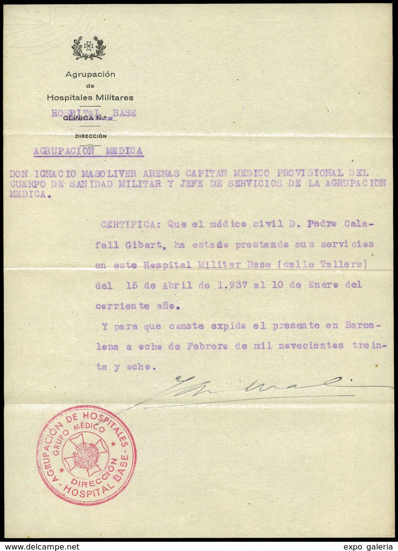 1937. Hoja “Agrupación De Hospitales Militares..” Hoja De Presentación Hospital - Covers & Documents