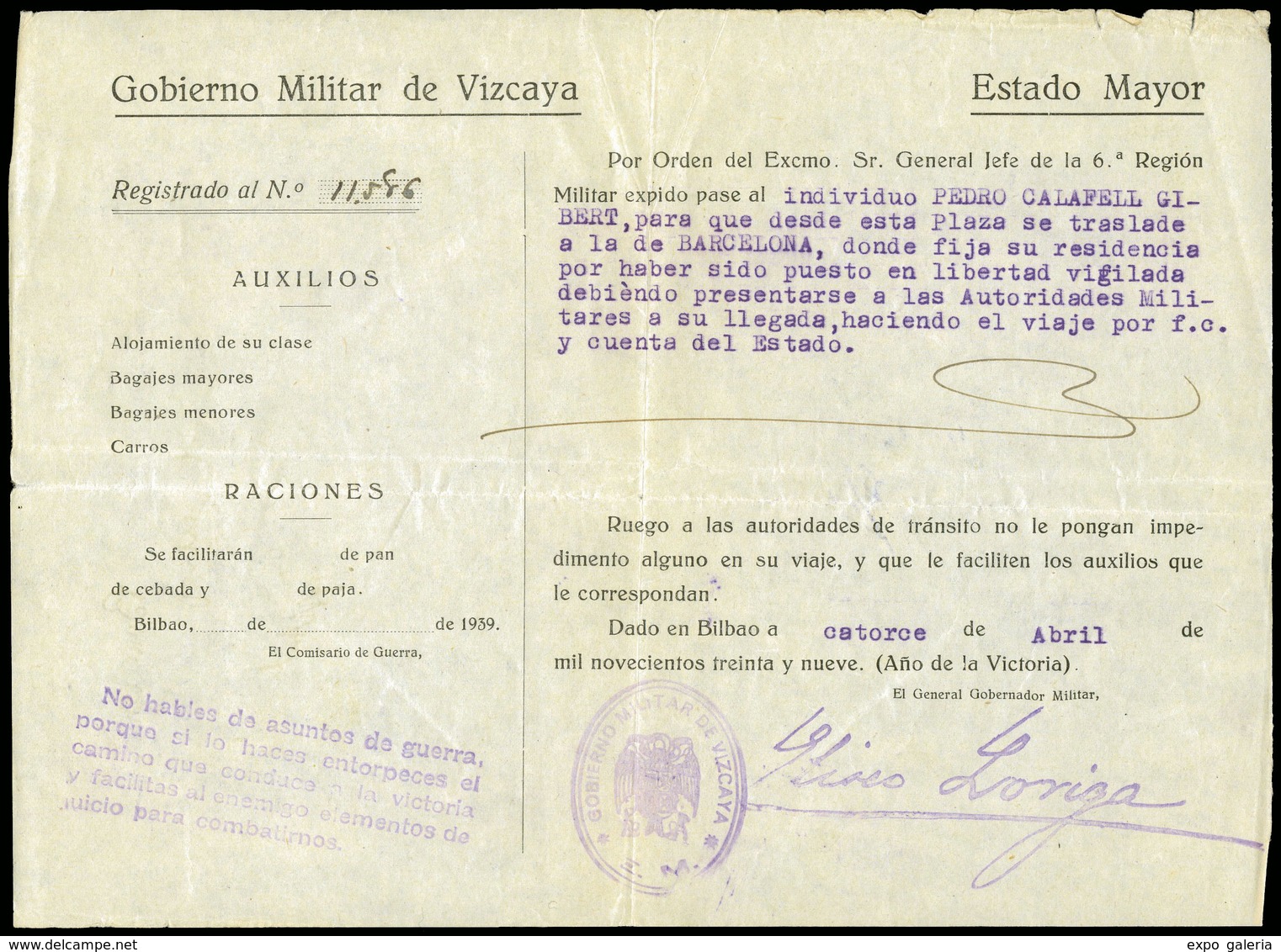 1939. Folleto Del “Gobierno Militar De Vizcaya-Estado Mayor” Hoja De Traslado Y Viaje. - Cartas & Documentos