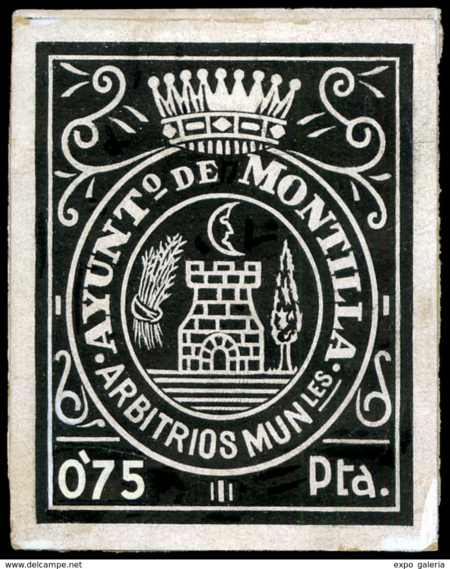 Año 1939 CÓRDOBA.Montilla. “Timbre Municipal. Montilla. 0,75Cts” (tamaño Grande). Prueba En Negro. Rarísimo. - Steuermarken