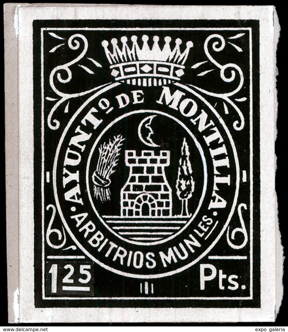 Año 1939 CÓRDOBA.Montilla. “Timbre Municipal. Montilla. 1,25Ptas” (tamaño Grande) Prueba En Negro. Rarísimo. - Steuermarken