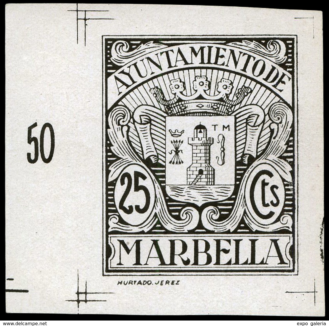 *** S/Cat. MÁLAGA.Marbella. “25Cts. Ayuntamiento” (Prueba En Negro). Pie Imprenta “Hurtado Jerez”. Raro. - Revenue Stamps