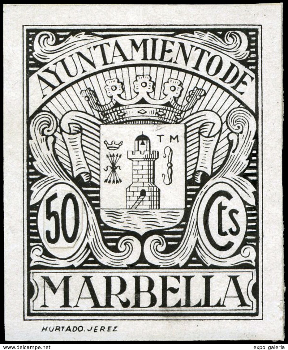 *** S/Cat. MÁLAGA.Marbella. “50Cts. Ayuntamiento” (Prueba En Negro). Pie De Imprenta “Hurtado.Jerez”. Raro. - Steuermarken