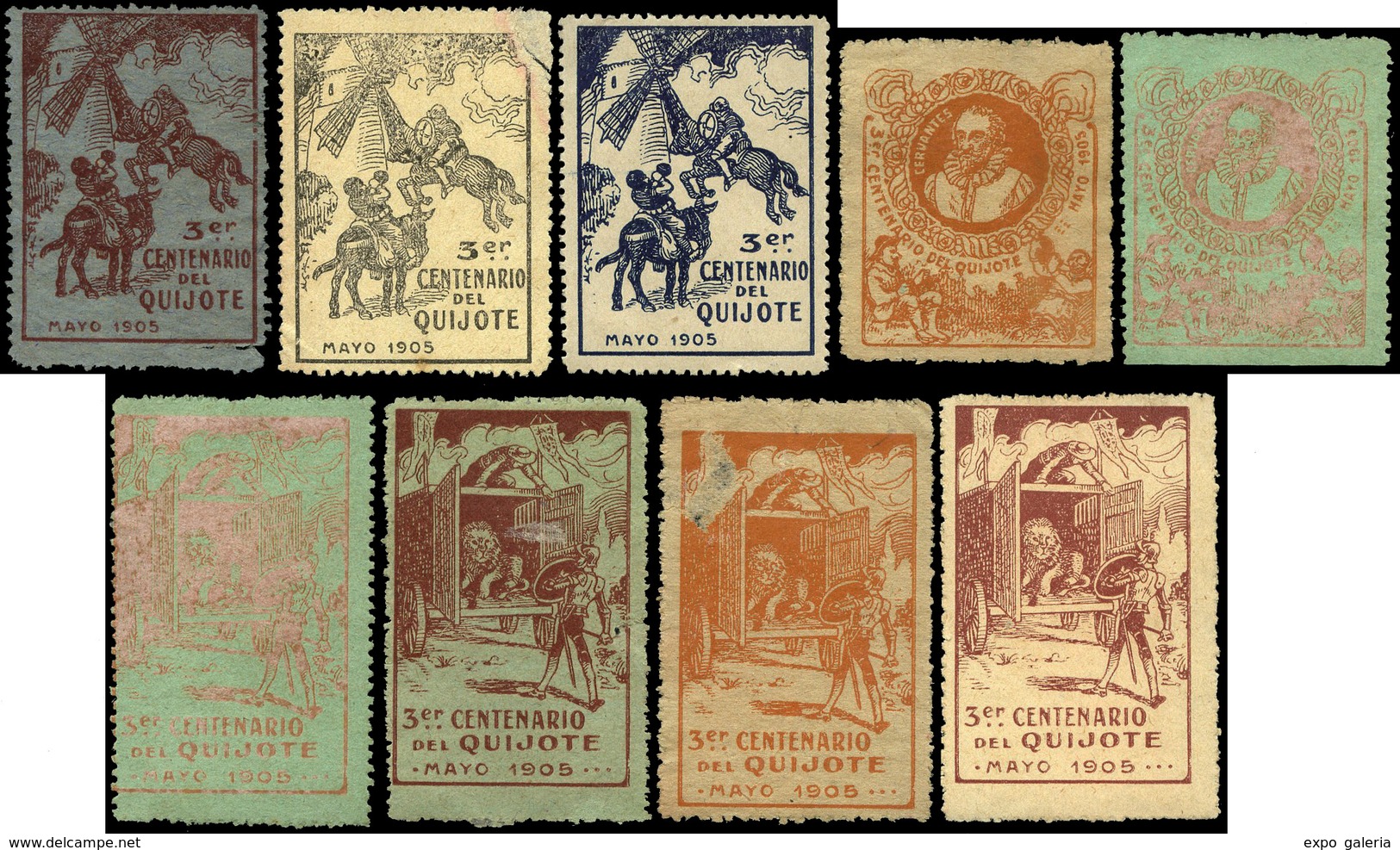 * S/Cat. 1905. 9 Viñetas “3º Centenario De El Quijote” Algún Sello Con Defecto, Aún Así, Muy Raro. - Autres & Non Classés