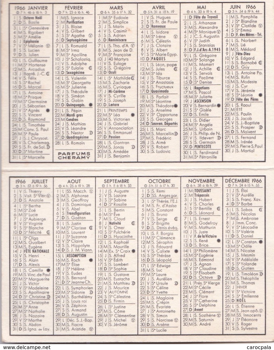 Calendrier 1966 Parfum "Cheramy" Parfumeur Paris (tampon Coiffeur à Savenay Loire Atlantique) - Petit Format : 1961-70