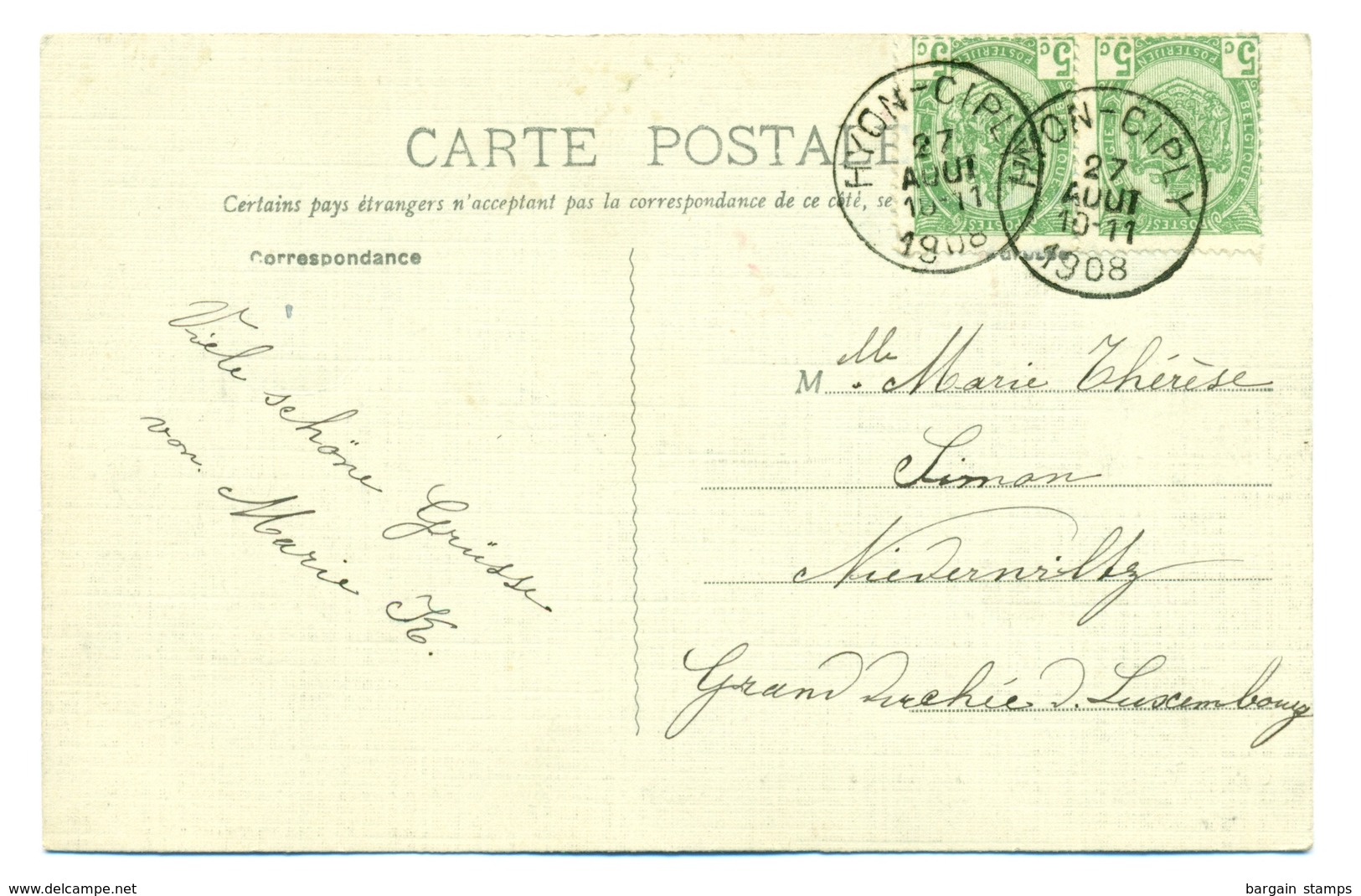 Belgique COB83 X2 Sur Carte-vue De Mons Envoyée De Hyon-Ciply Vers Wiltz (Grand Duché De Luxembourg)  27 Aug 1908 - 1893-1907 Armoiries