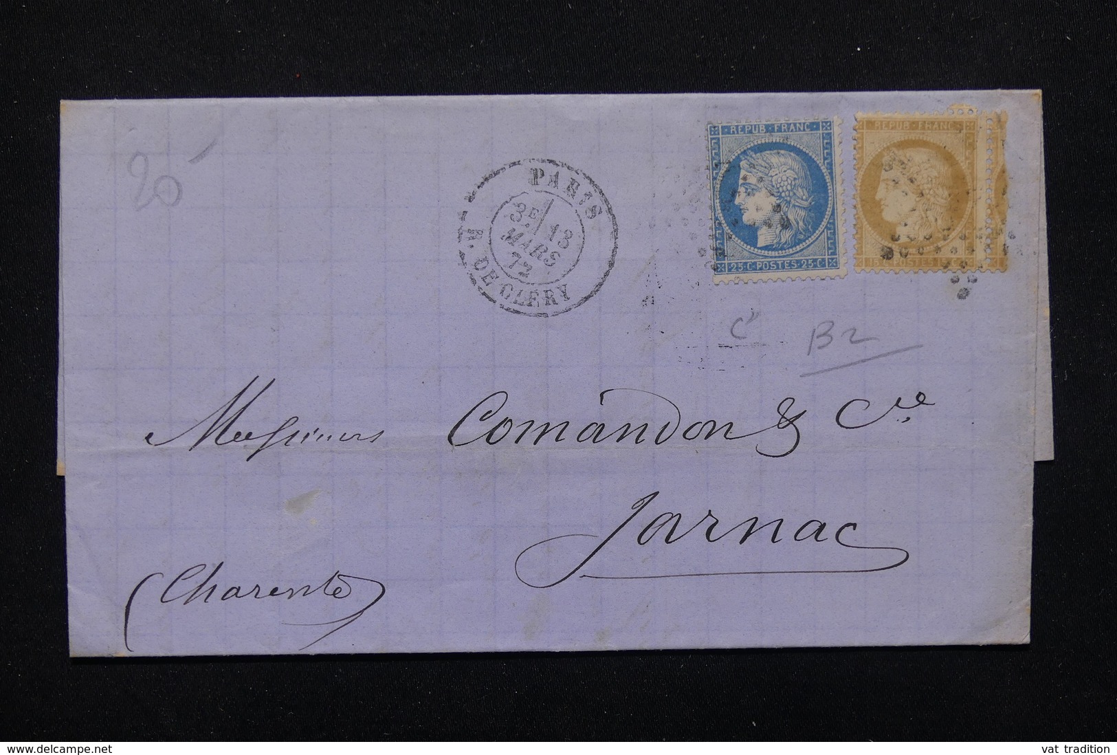 FRANCE - Lettre De Paris Pour Jarnac En 1872, Affranchissement Cérès Bicolore , Oblitération étoile - L 22972 - 1849-1876: Période Classique