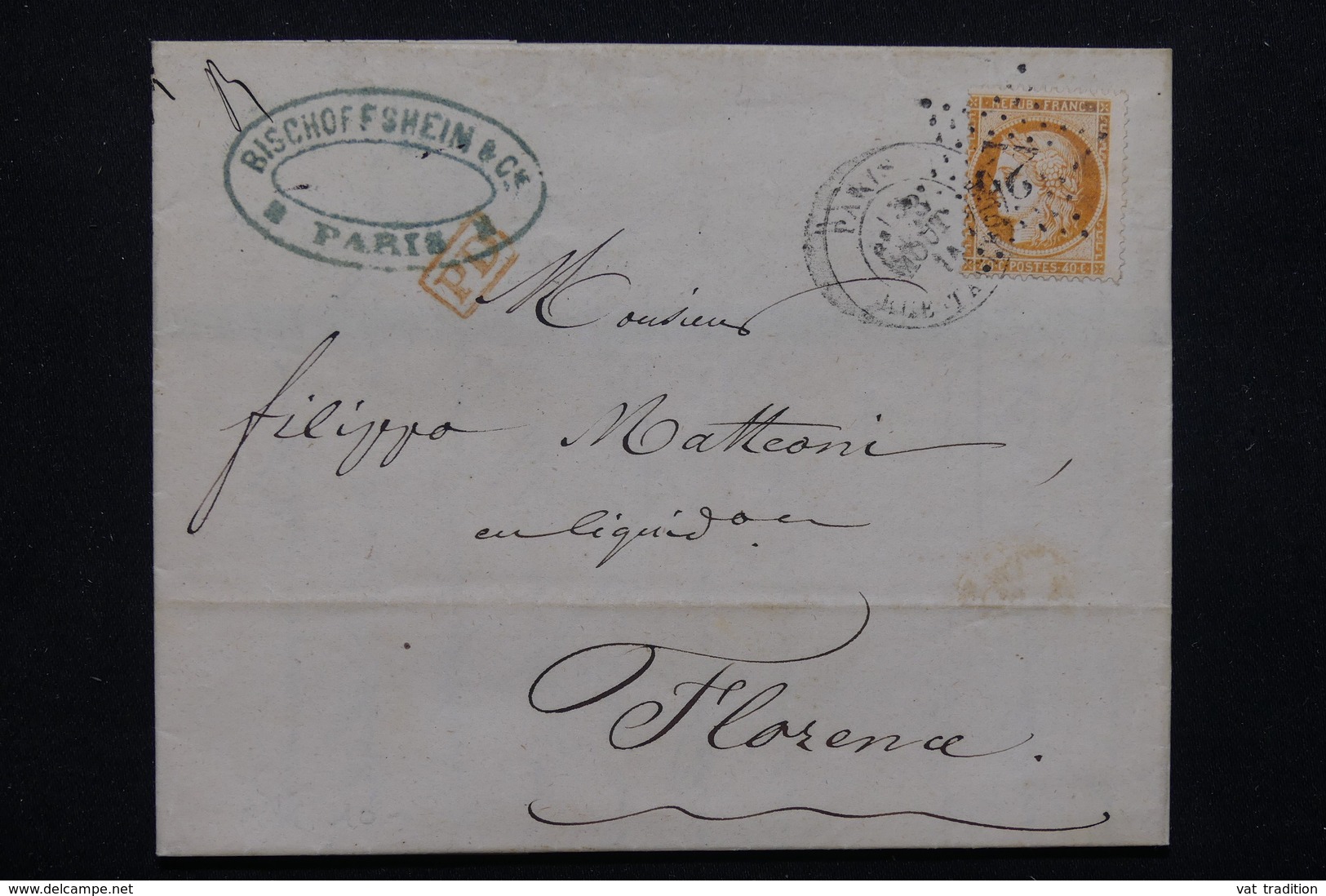 FRANCE - Lettre De Paris Pour Florence En 1872, Affranchissement Cérès 40cts , Oblitération étoile 22 - L 22973 - 1849-1876: Période Classique