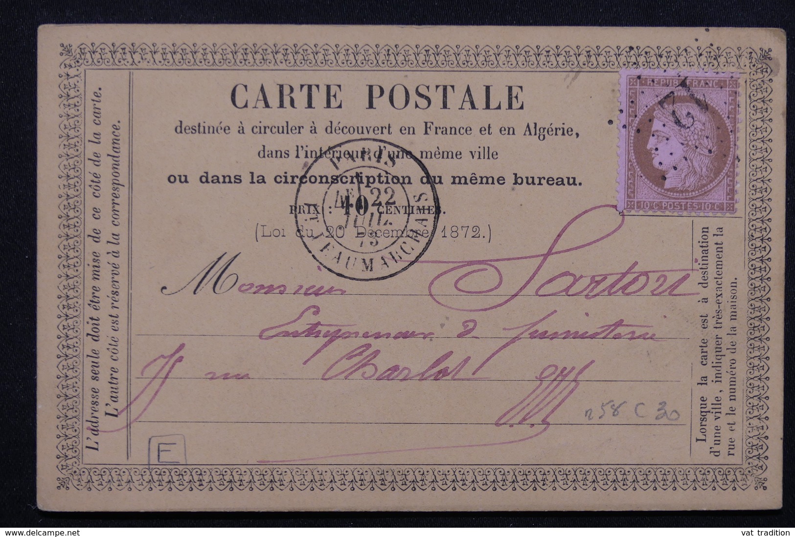 FRANCE - Carte Précurseur De Paris En 1873, Affranchissement Cérès , Oblitération étoile 12 - L 22974 - Cartes Précurseurs