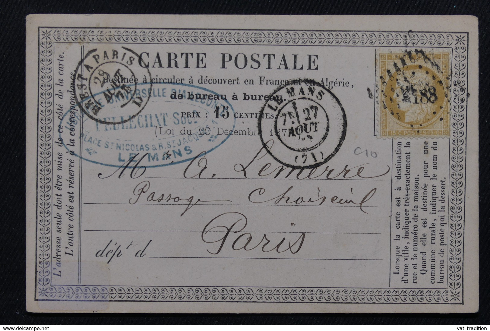 FRANCE - Carte Précurseur Du Mans Pour Paris En 1873, Affr.Cérès , Oblitération Petit Chiffre Du GC 2188 - L 22975 - Cartes Précurseurs