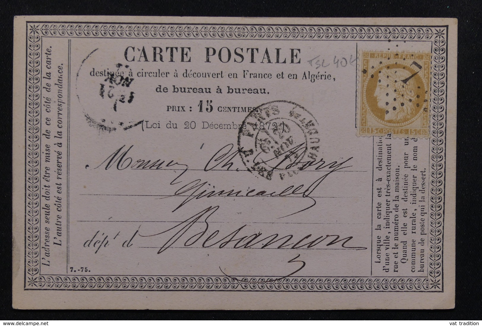 FRANCE - Carte Précurseur De Paris En 1875 Pour Besançon, Affranchissement Cérès , Oblitération étoile 7 - L 22976 - Cartes Précurseurs