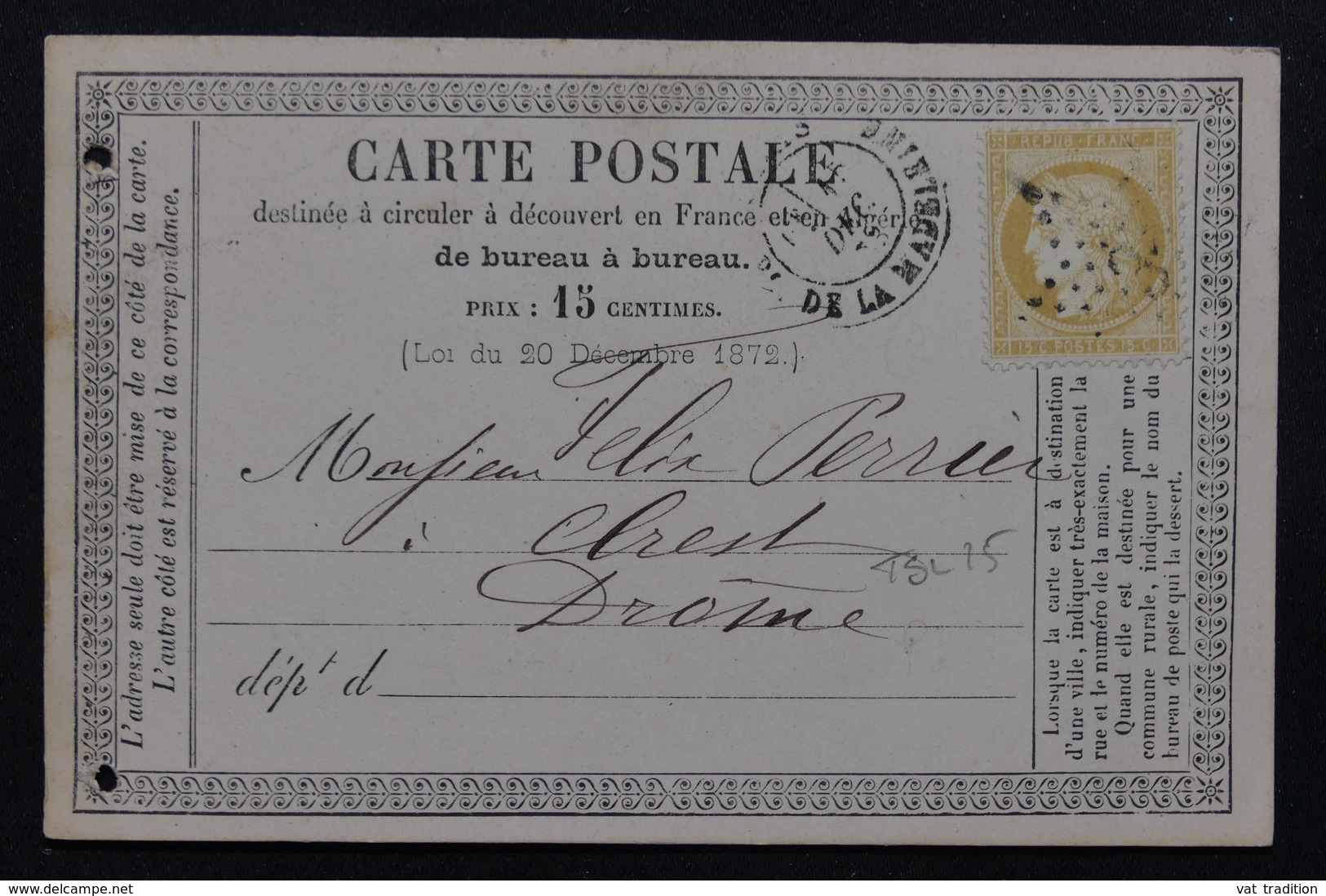 FRANCE - Carte Précurseur De Paris En 1875 Pour Crest , Affranchissement Cérès , Oblitération étoile 3 - L 22977 - Cartes Précurseurs