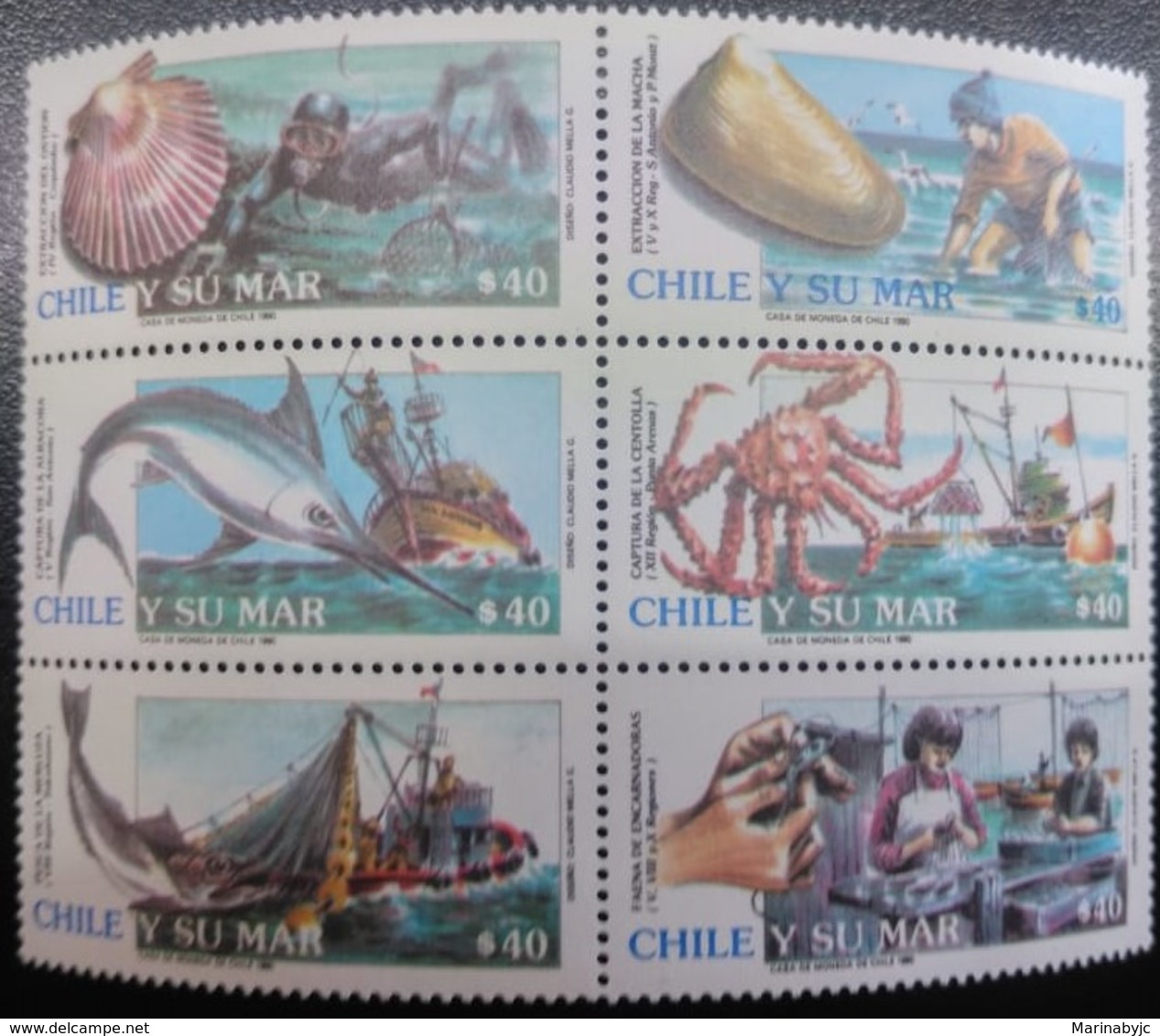 W) 1990 CHILE, SERIES OF 6 SEALS, VIEIRA, ALMEJA, PEZ SWORD, CRAB, FISH - Chile