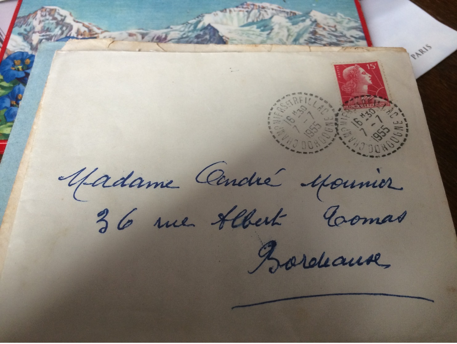 LETTRE AVEC TIMBRE15FN°1011.CAD A CERCLE POINTILLÉ CHAMPNIERS ET REILLAC  DORDOGNE 16H30 7-7 1955  TRES  NETS - Storia Postale