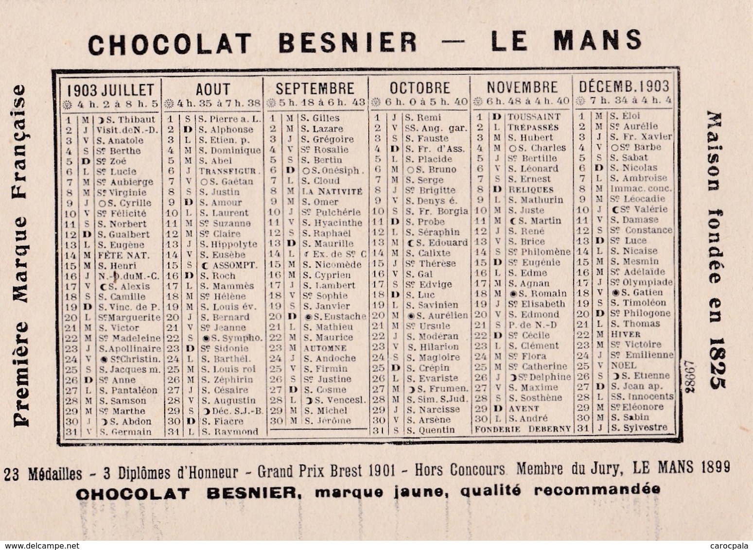 Calendrier 1903 Chocolat Besnier ,Le Mans ,éventail Fillette - Petit Format : 1901-20