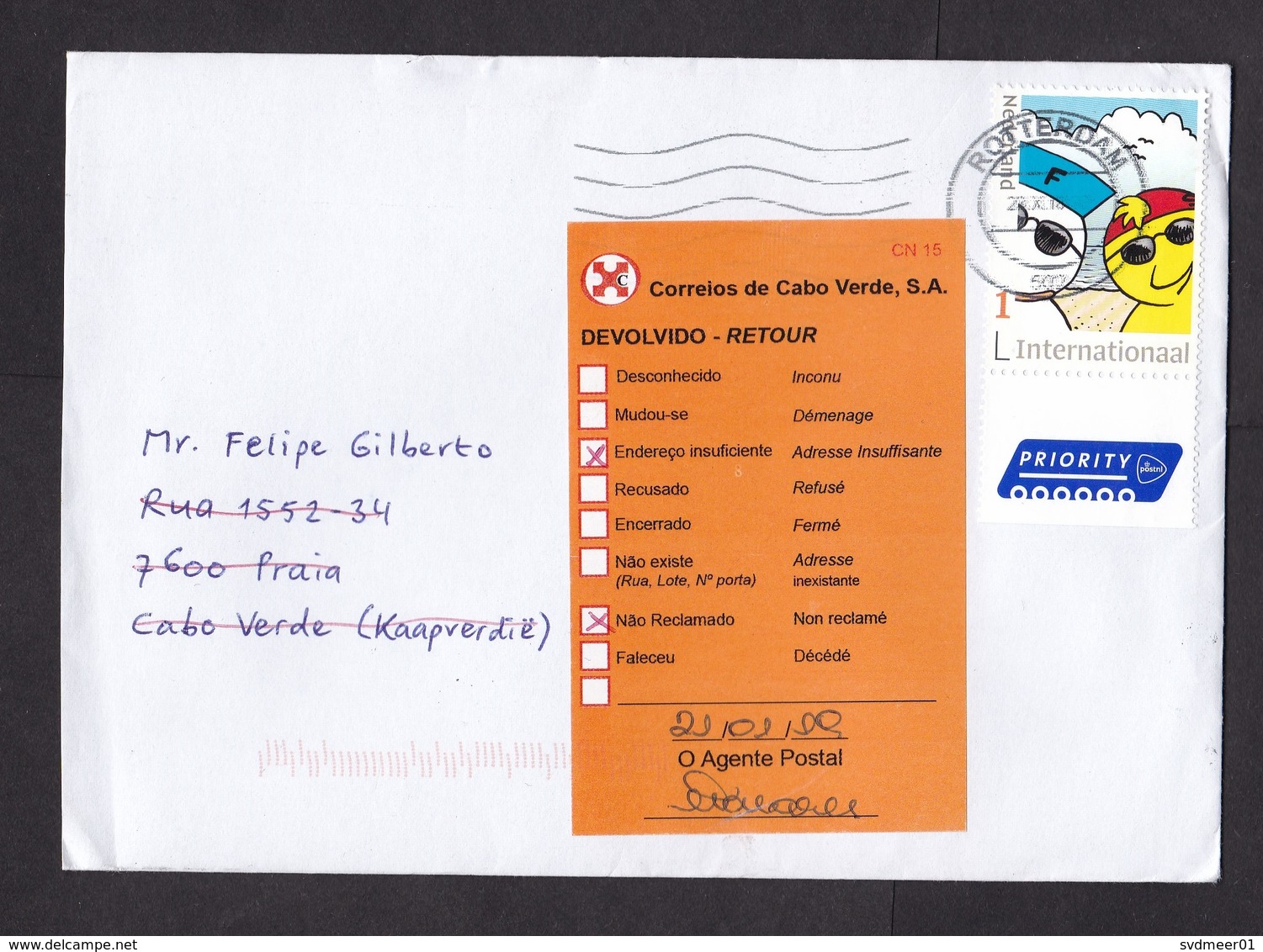 Netherlands: Cover To Cabo Verde, 2018, 1 Stamp+tab, Cartoon Bird, Returned, Rare Retour Label CN15 (traces Of Use) - Brieven En Documenten