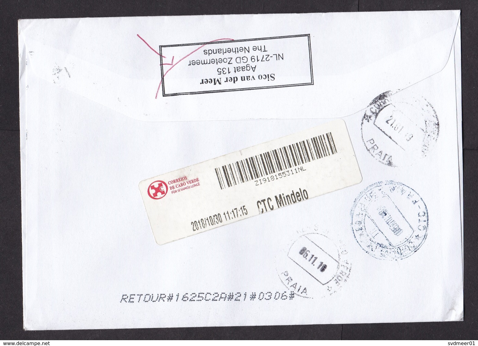 Netherlands: Cover To Cabo Verde, 2018, 1 Stamp+tab, Cartoon Bird, Returned, Rare Retour Label CN15 (traces Of Use) - Covers & Documents