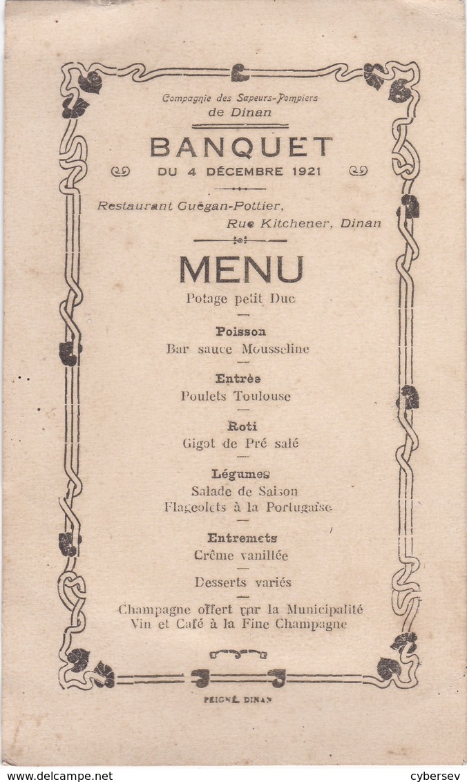 DINAN - Menu Du Restaurant Guégan-Pottier, Rue Kitchener - Banquet Des Sapeurs-Pompiers Du 4 Décembre  1921 - Menus