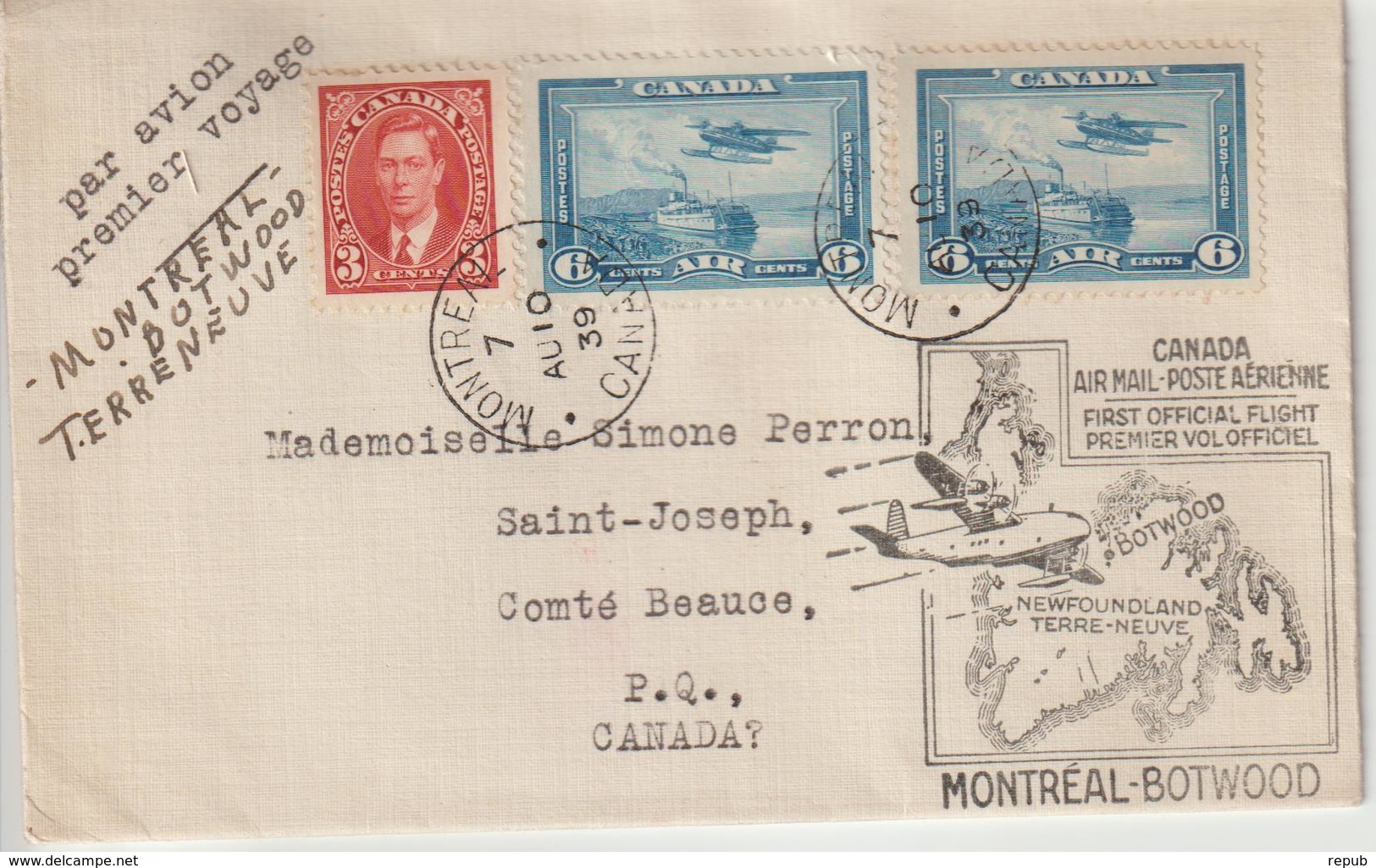 Canada 1er Vol Montréal Botwood Terre Neuve 1939 - Lettres & Documents