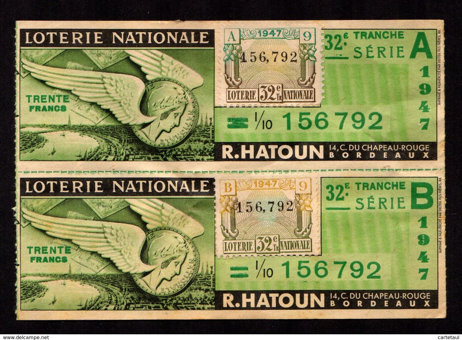 1947 LOTERIE NATIONALE Billets Maison R. HATOUN Chapeau Rouge 33 BORDEAUX 1/10 32è Tranche Série A + B Se Tenant  2 Scan - Billets De Loterie